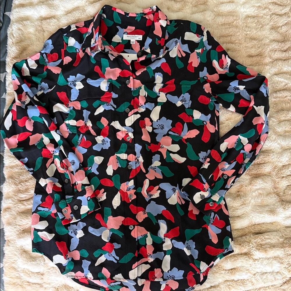 Equipment Black Silk Blouse with Red, Pink, Green & Blue Floral Print